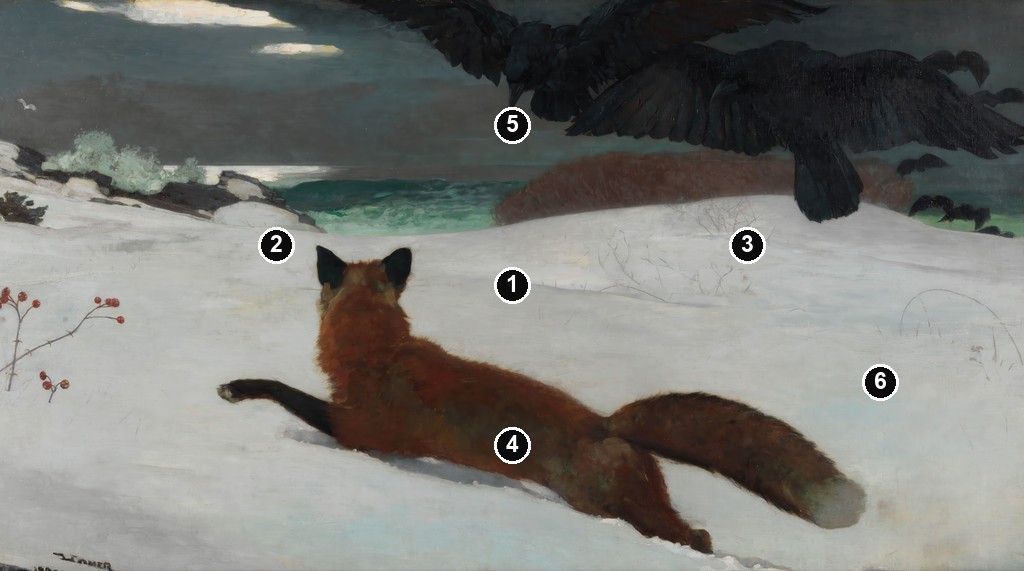 Annotated details from Fox Hunt by Winslow Homer